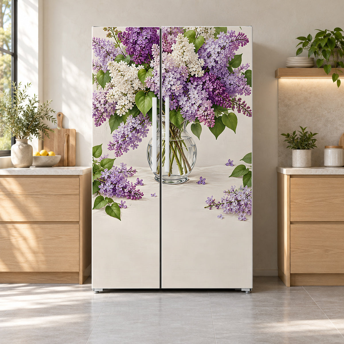 Lilacs fridge wrap on a side-by-side refrigerator