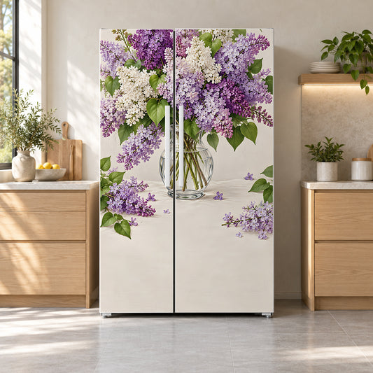 Lilacs fridge wrap on a side-by-side refrigerator