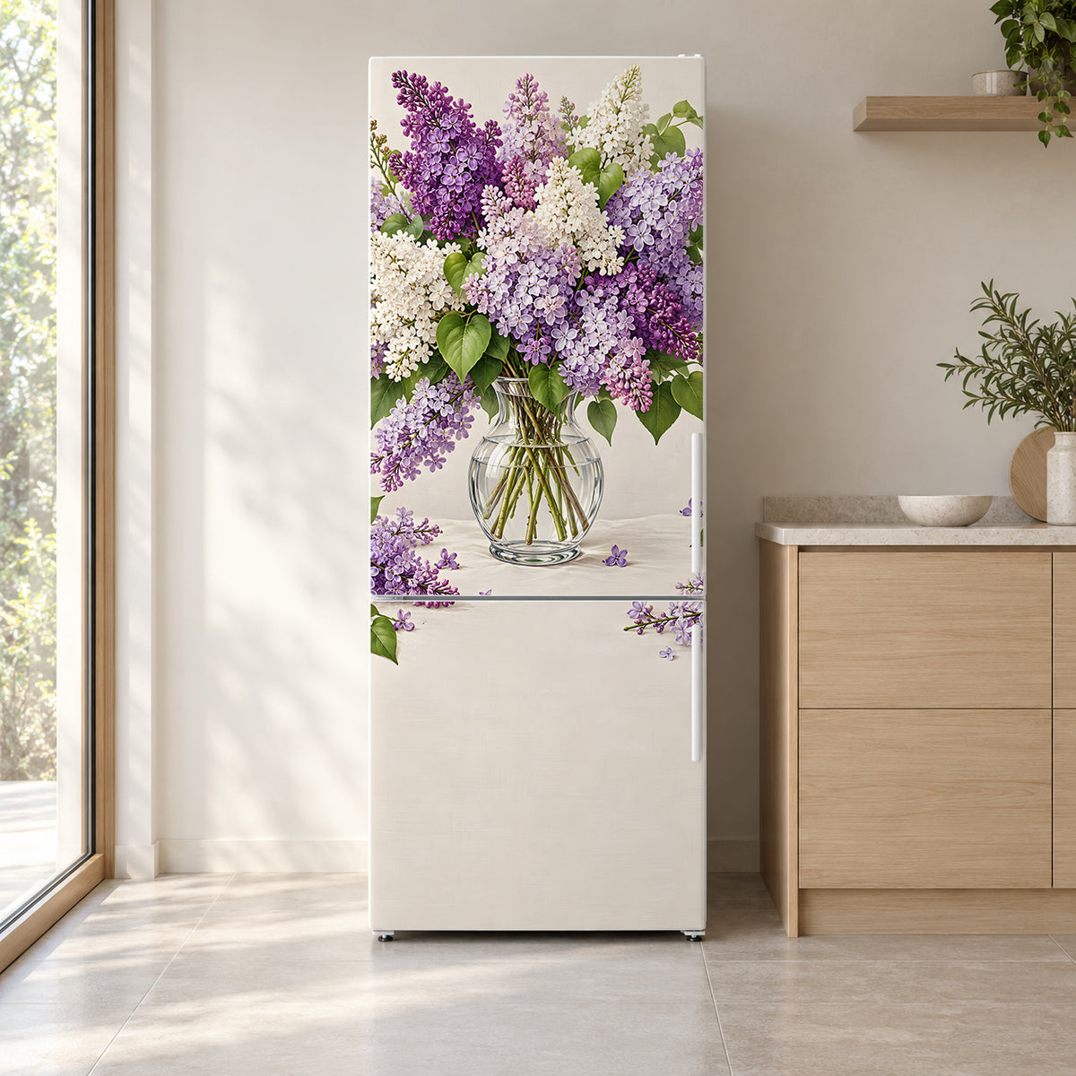 Lilacs fridge wrap on a white refrigerator in a bright kitchen