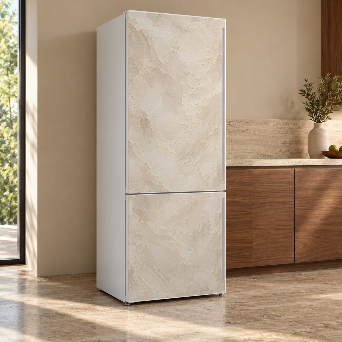 Limewash Plaster fridge wrap, refrigerator shown at an angle