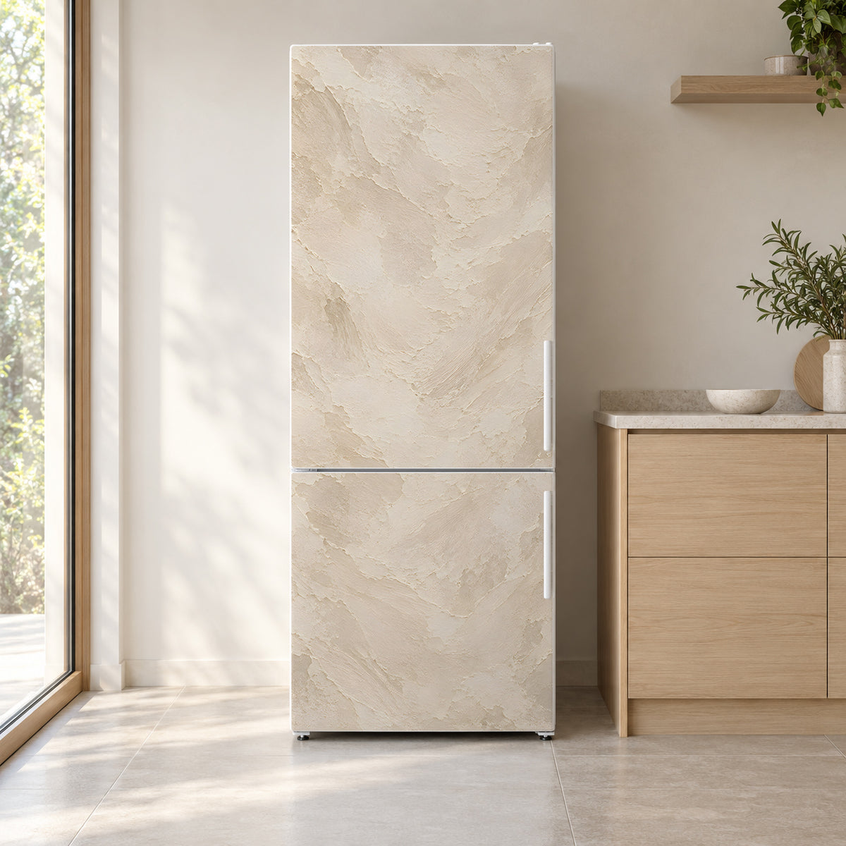 Limewash Plaster fridge wrap on a white refrigerator in a bright kitchen