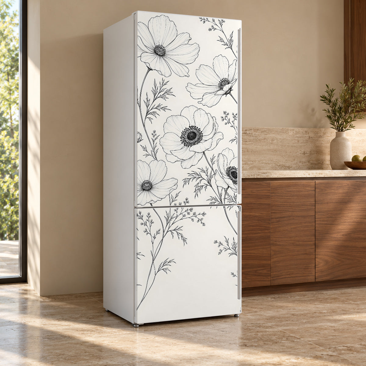 Black & White Line Art Florals fridge wrap, refrigerator shown at an angle