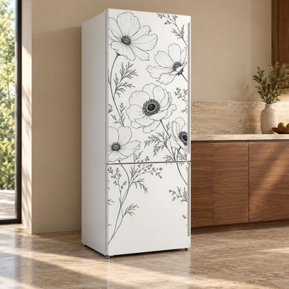 Black & White Line Art Florals fridge wrap, refrigerator shown at an angle