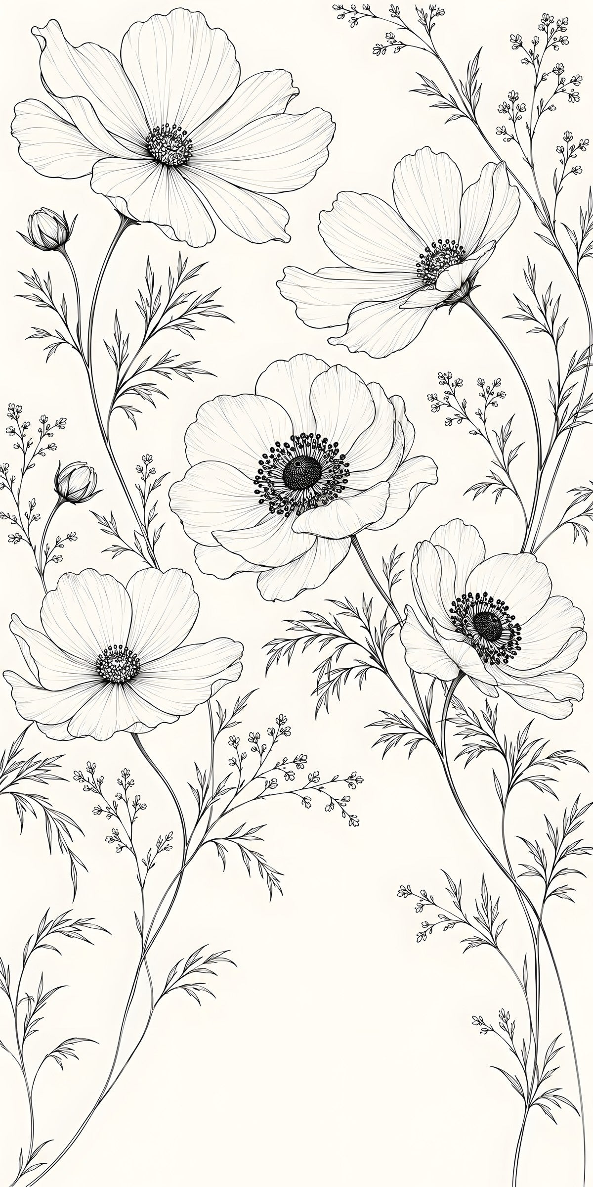 Black & White Line Art Florals fridge wrap full design
