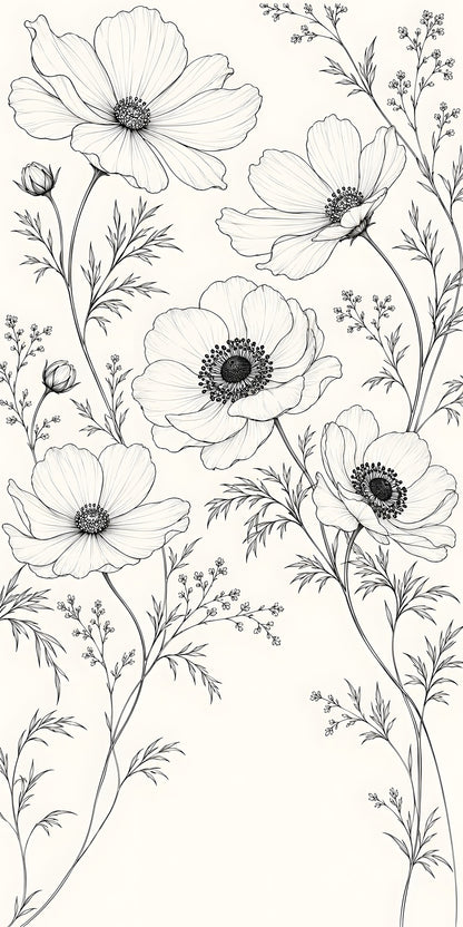 Black & White Line Art Florals fridge wrap full design