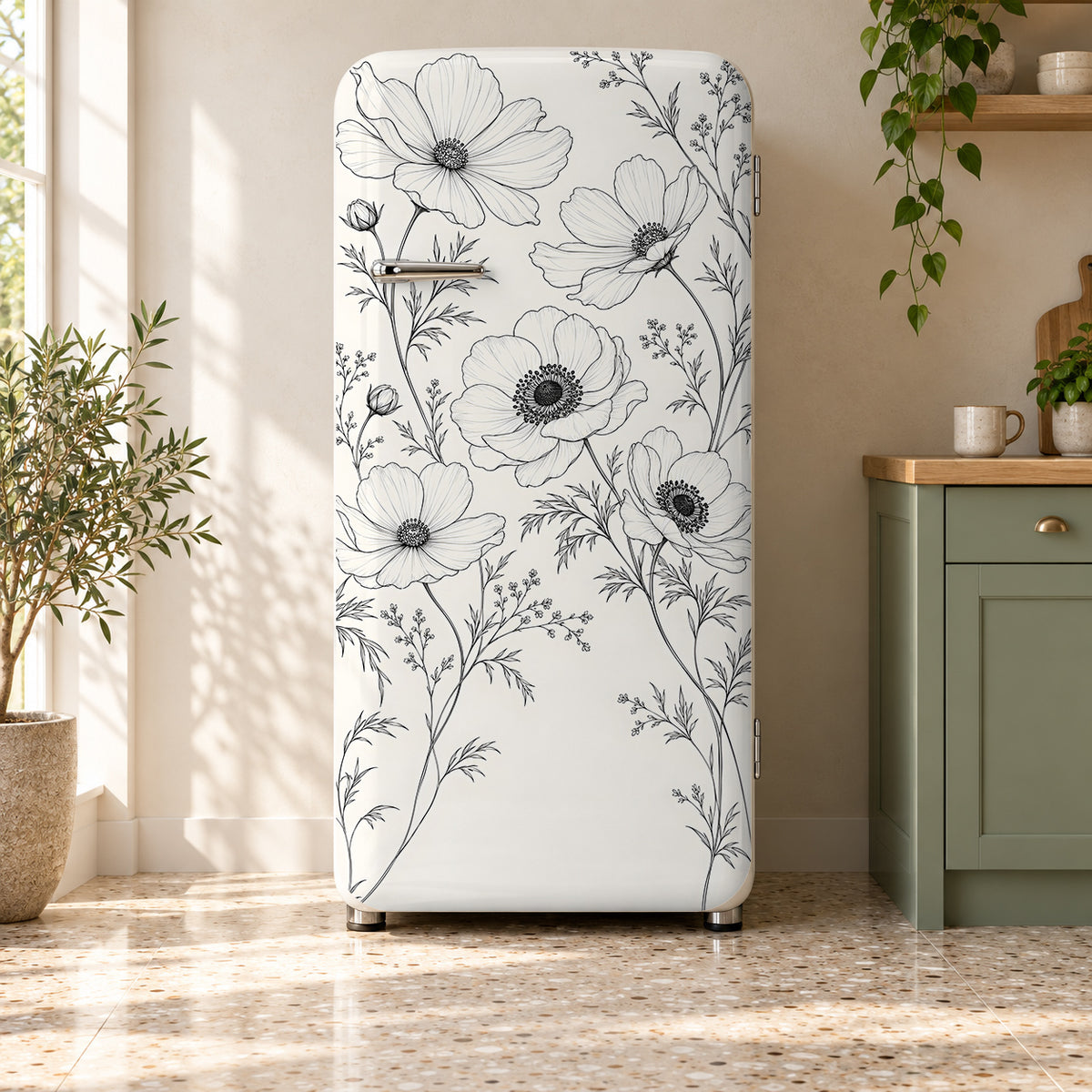 Black & White Line Art Florals fridge wrap on a retro refrigerator