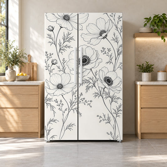 Black & White Line Art Florals fridge wrap on a side-by-side refrigerator