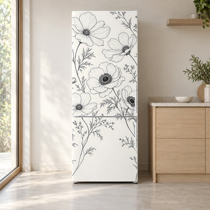 Black & White Line Art Florals fridge wrap on a white refrigerator in a bright kitchen