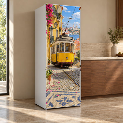 Lisbon Yellow Tram fridge wrap, refrigerator shown at an angle