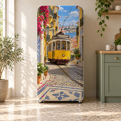 Lisbon Yellow Tram fridge wrap on a retro refrigerator