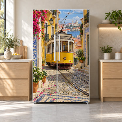 Lisbon Yellow Tram fridge wrap on a side-by-side refrigerator