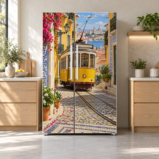 Lisbon Yellow Tram fridge wrap on a side-by-side refrigerator