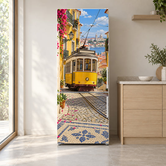Lisbon Yellow Tram fridge wrap on a white refrigerator in a bright kitchen