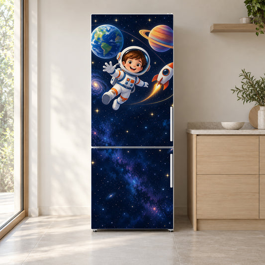 Little Astronaut in Space fridge wrap on a white refrigerator in a bright kitchen