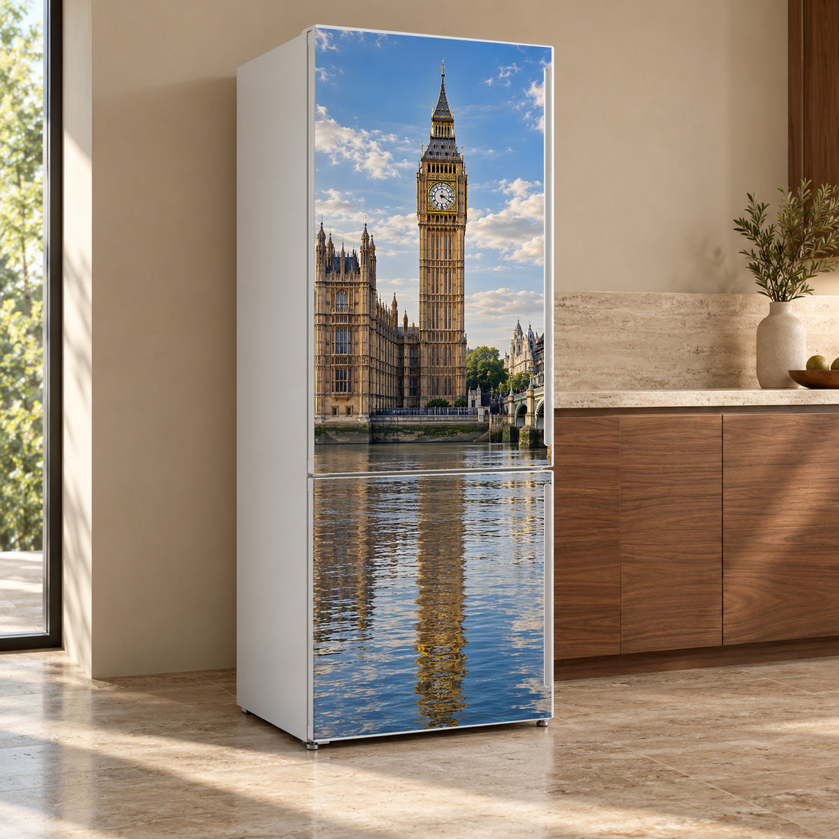 London Big Ben fridge wrap, refrigerator shown at an angle