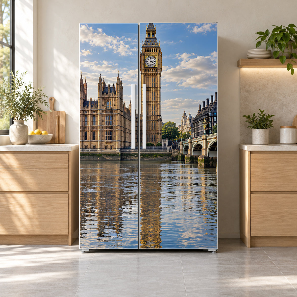 London Big Ben fridge wrap on a side-by-side refrigerator