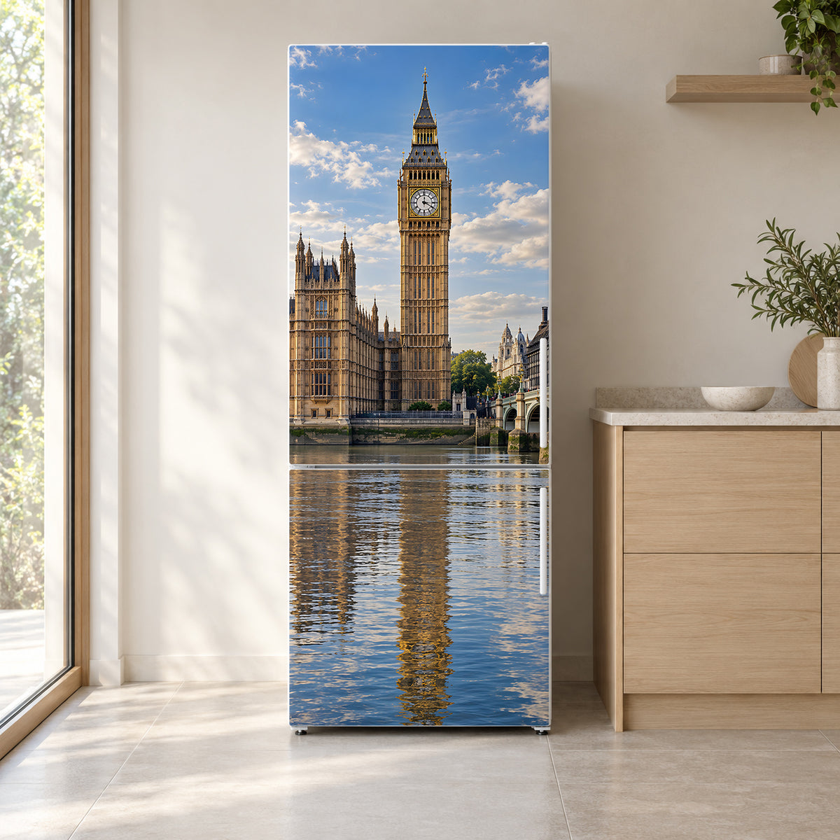 London Big Ben fridge wrap on a white refrigerator in a bright kitchen