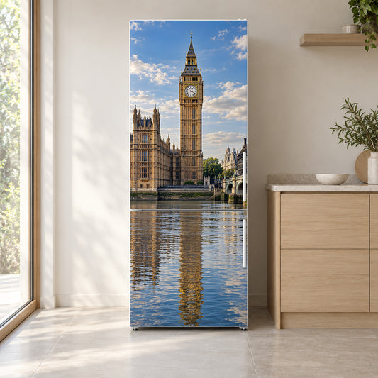 London Big Ben fridge wrap on a white refrigerator in a bright kitchen