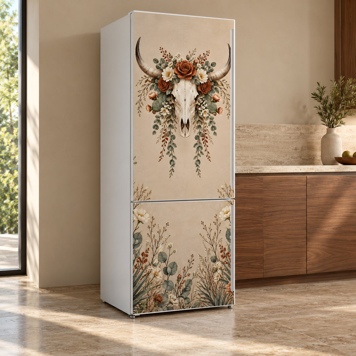 Longhorn Skull & Florals fridge wrap, refrigerator shown at an angle