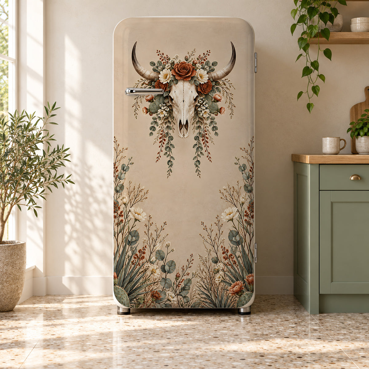 Longhorn Skull & Florals fridge wrap on a retro refrigerator