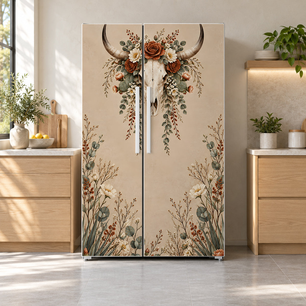 Longhorn Skull & Florals fridge wrap on a side-by-side refrigerator