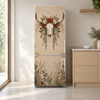 Longhorn Skull & Florals fridge wrap on a white refrigerator in a bright kitchen