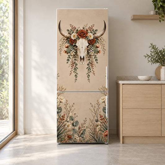 Longhorn Skull & Florals fridge wrap on a white refrigerator in a bright kitchen