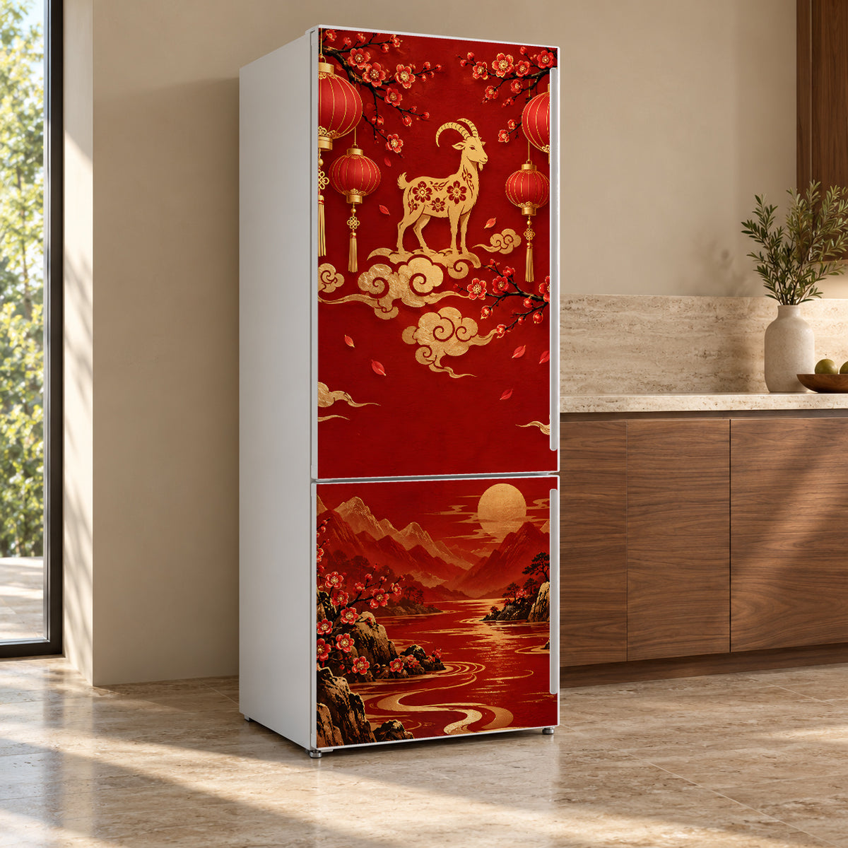 Lunar New Year Red & Gold fridge wrap, refrigerator shown at an angle
