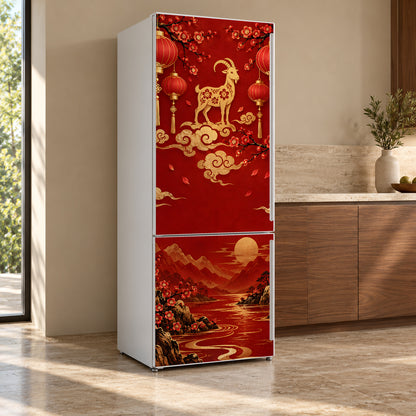 Lunar New Year Red & Gold fridge wrap, refrigerator shown at an angle