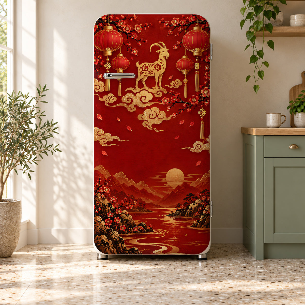 Lunar New Year Red & Gold fridge wrap on a retro refrigerator
