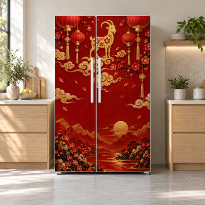 Lunar New Year Red & Gold fridge wrap on a side-by-side refrigerator
