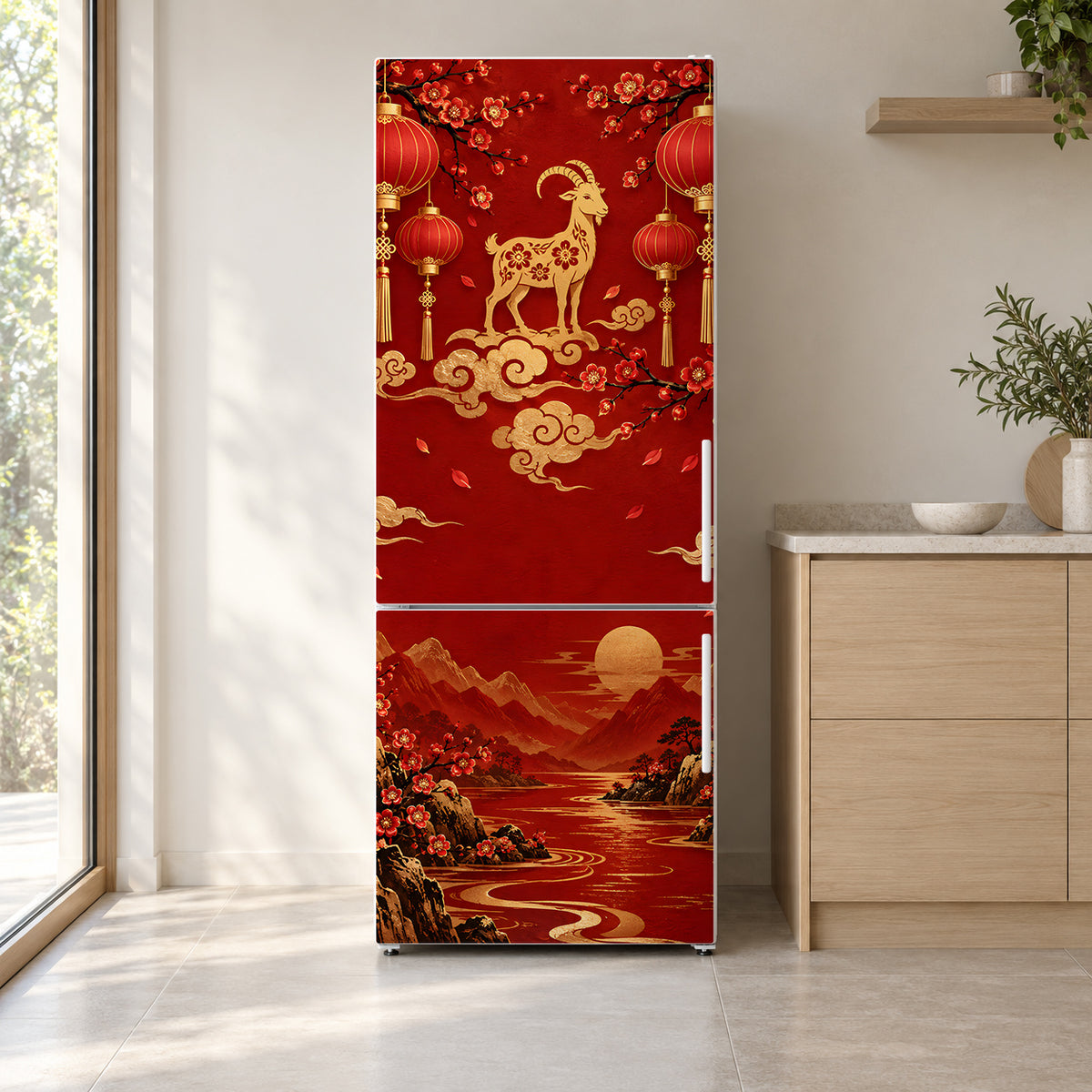 Lunar New Year Red & Gold fridge wrap on a white refrigerator in a bright kitchen