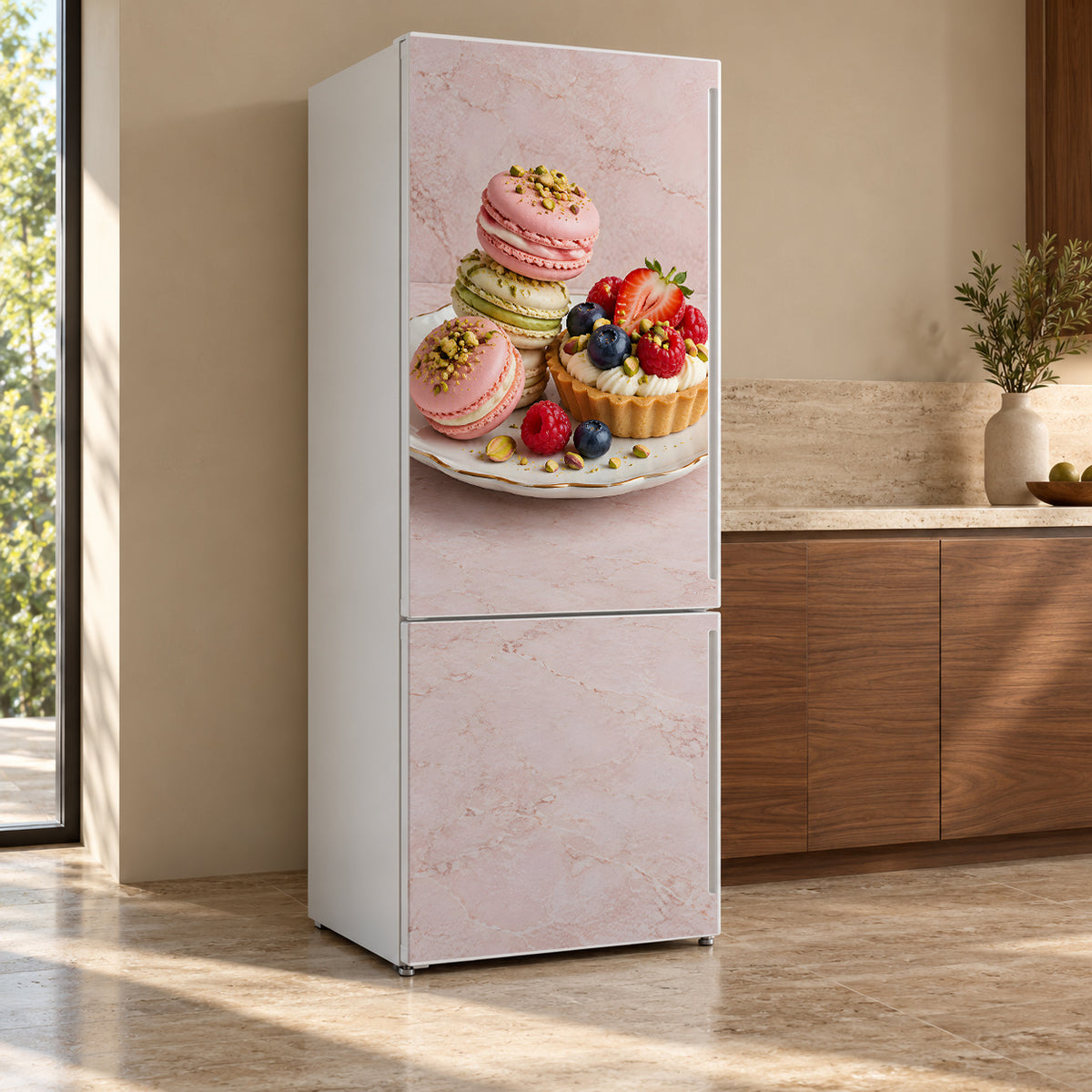 Macarons & Desserts fridge wrap, refrigerator shown at an angle