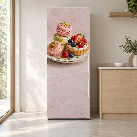 Macarons & Desserts fridge wrap on a white refrigerator in a bright kitchen
