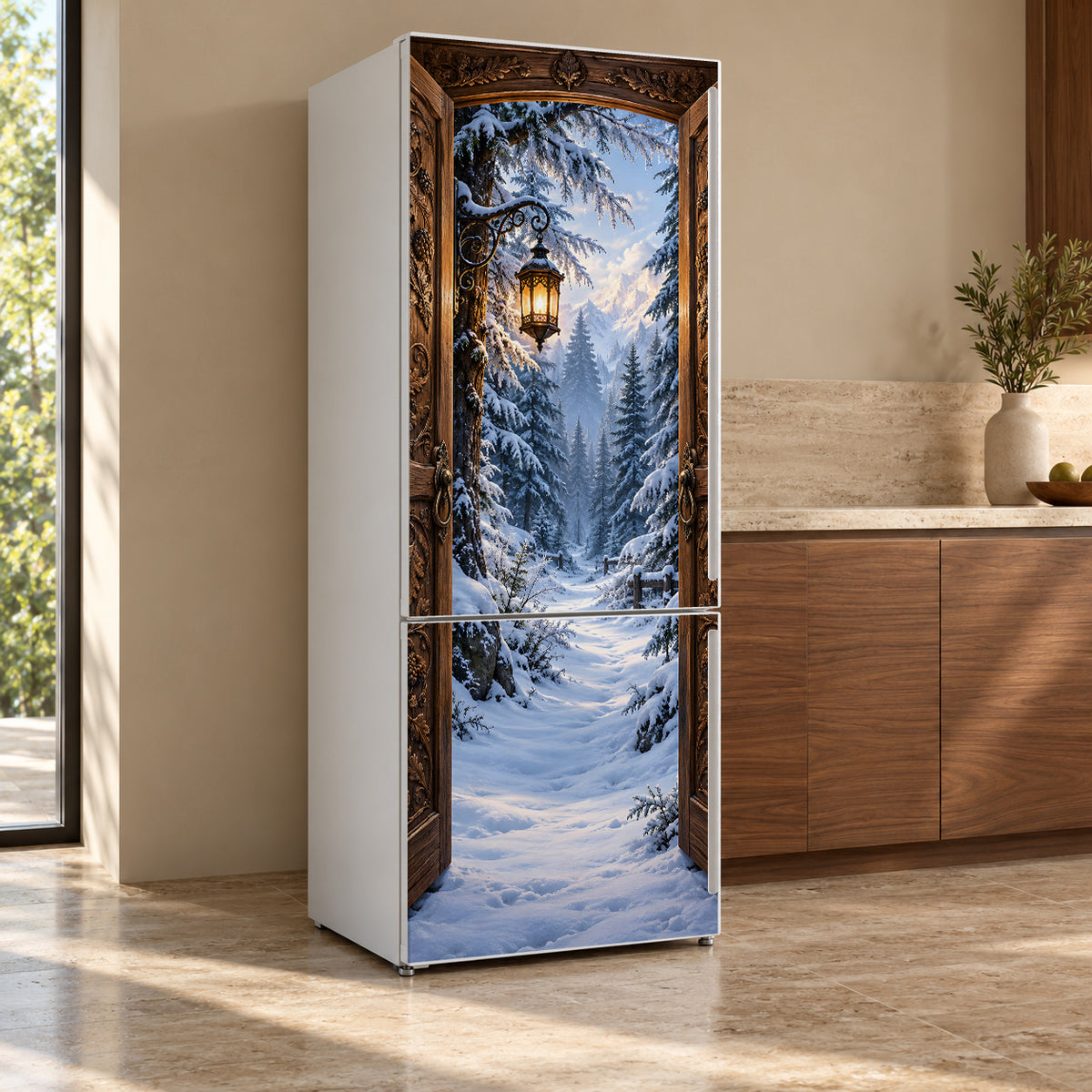Magic Wardrobe Snowy Forest fridge wrap, refrigerator shown at an angle