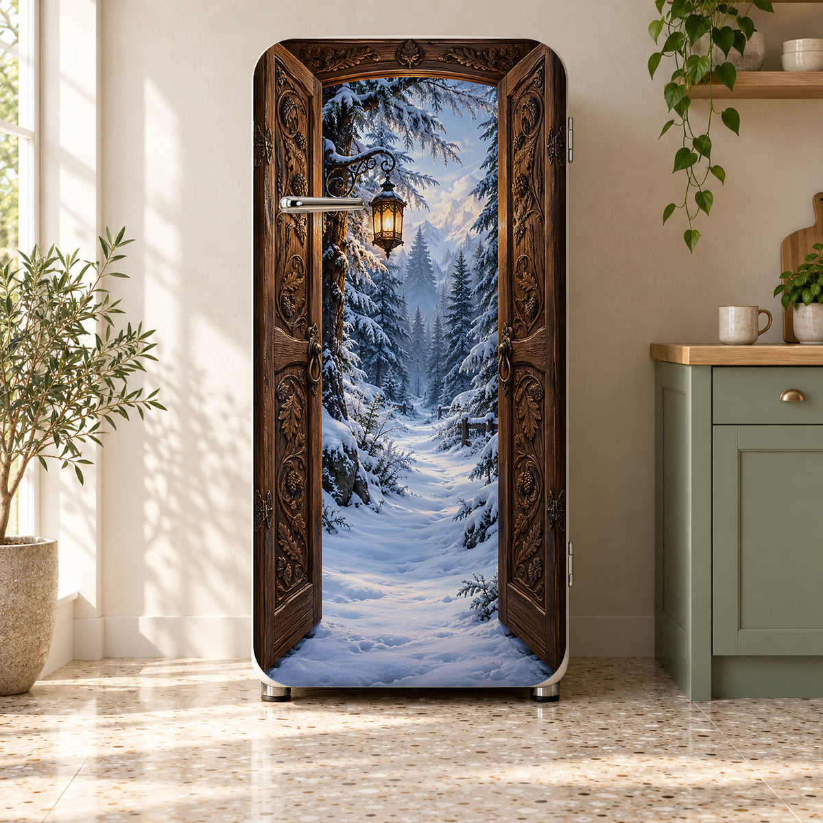 Magic Wardrobe Snowy Forest fridge wrap on a retro refrigerator