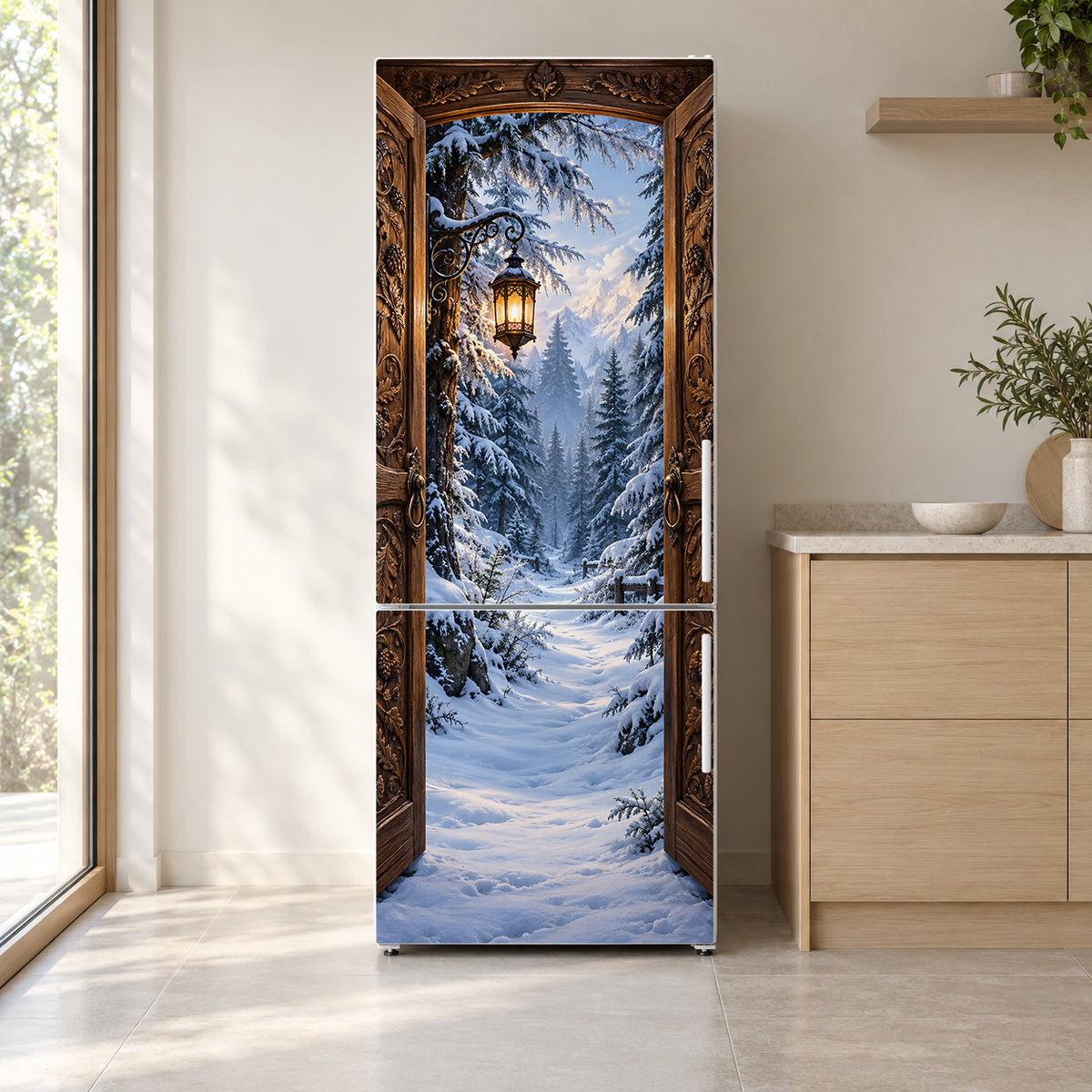 Magic Wardrobe Snowy Forest fridge wrap on a white refrigerator in a bright kitchen