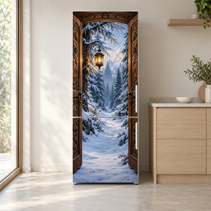 Magic Wardrobe Snowy Forest fridge wrap on a white refrigerator in a bright kitchen