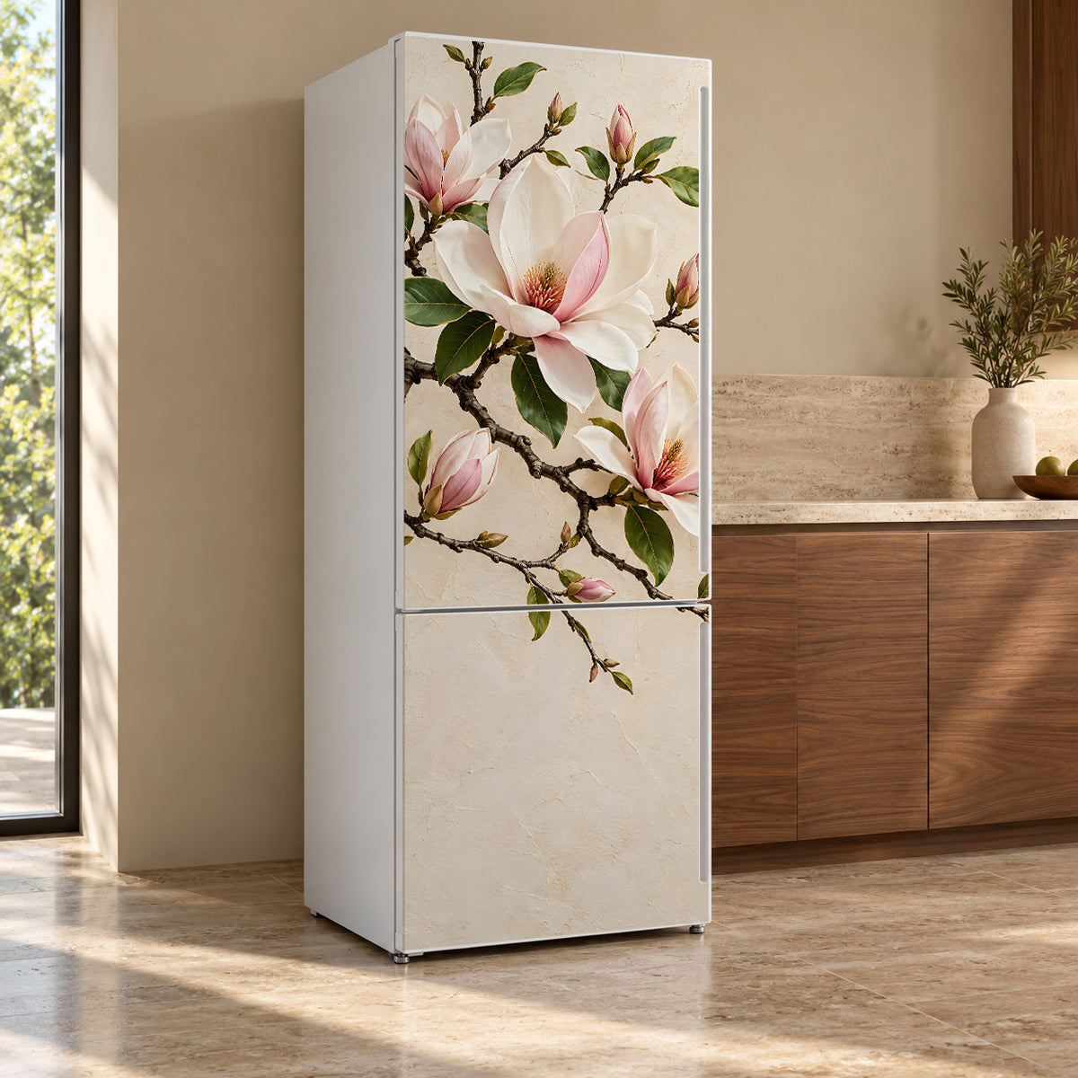 Magnolia Branch fridge wrap, refrigerator shown at an angle