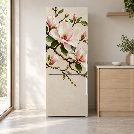 Magnolia Branch fridge wrap on a white refrigerator in a bright kitchen