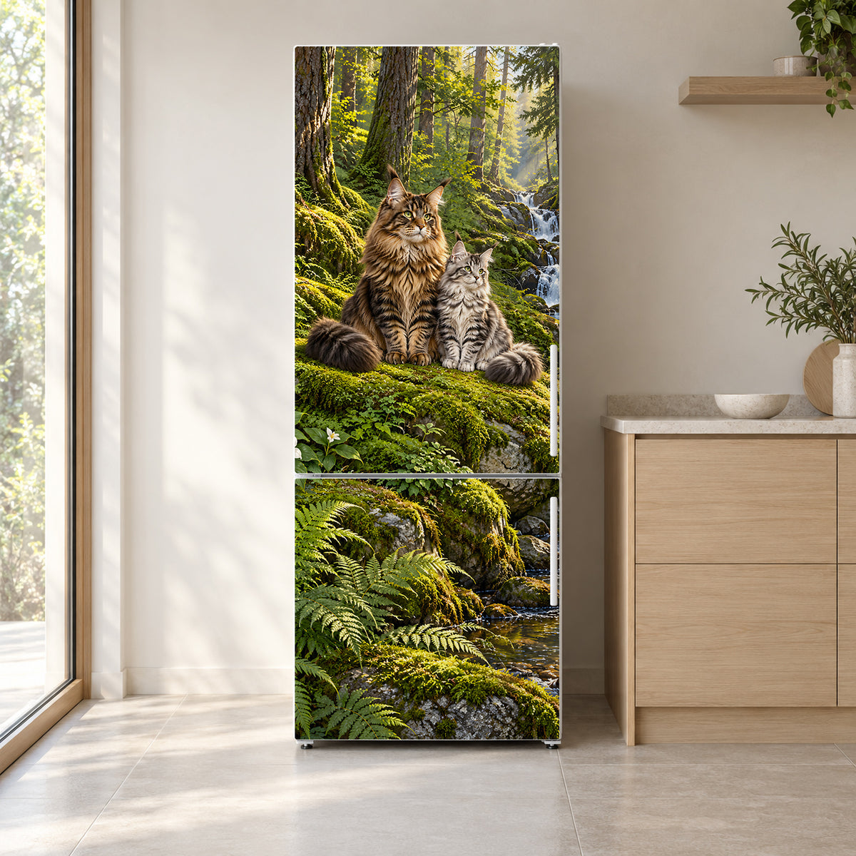 Maine Coon Cats fridge wrap on a white refrigerator in a bright kitchen