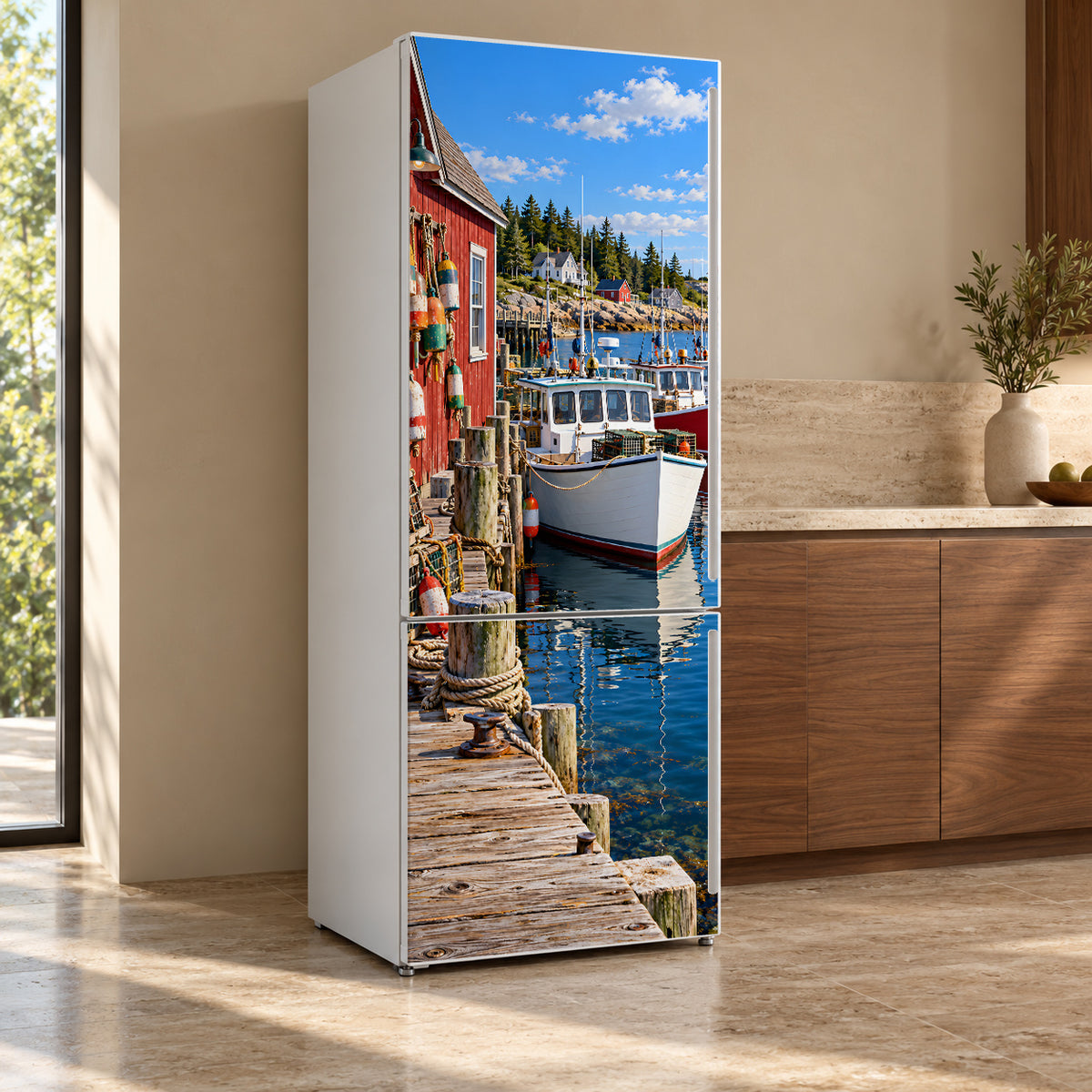 Maine Lobster Harbor fridge wrap, refrigerator shown at an angle