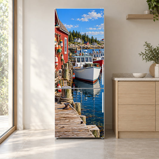Maine Lobster Harbor fridge wrap on a white refrigerator in a bright kitchen