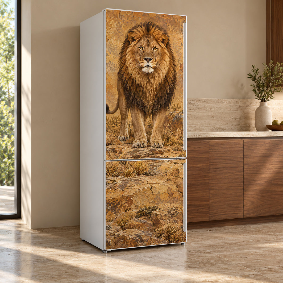 Majestic Lion fridge wrap, refrigerator shown at an angle