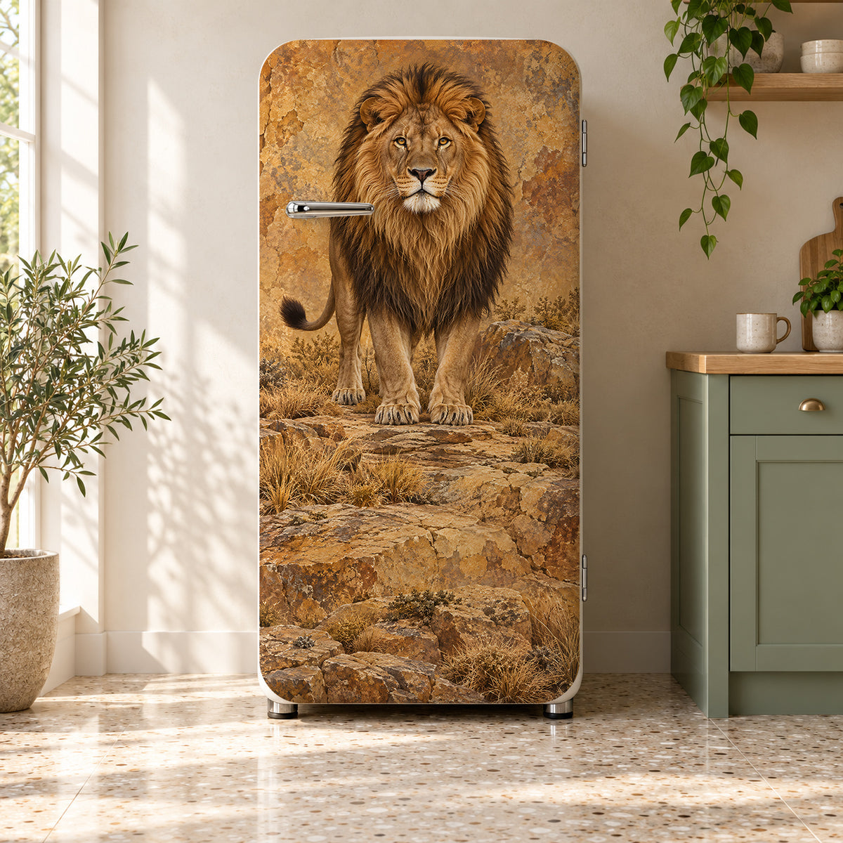 Majestic Lion fridge wrap on a retro refrigerator