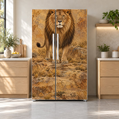 Majestic Lion fridge wrap on a side-by-side refrigerator