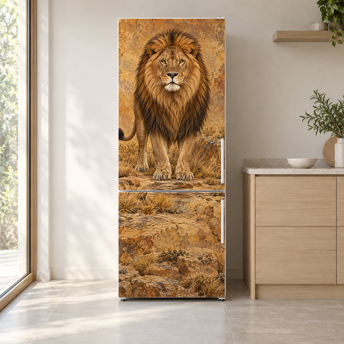 Majestic Lion fridge wrap on a white refrigerator in a bright kitchen