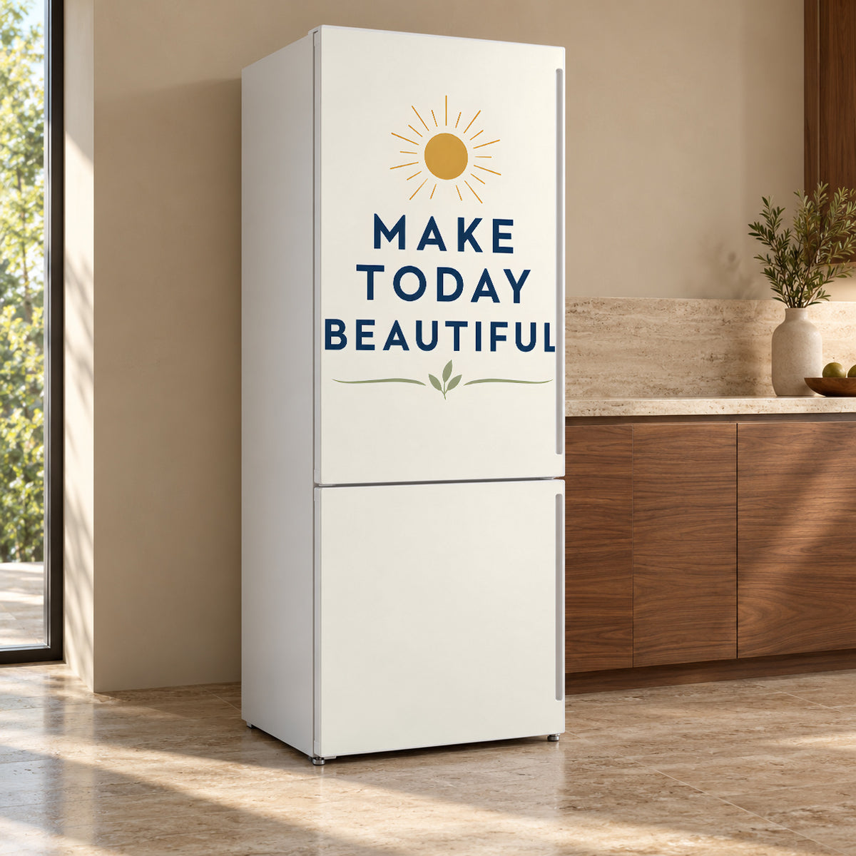 Make Today Beautiful fridge wrap, refrigerator shown at an angle