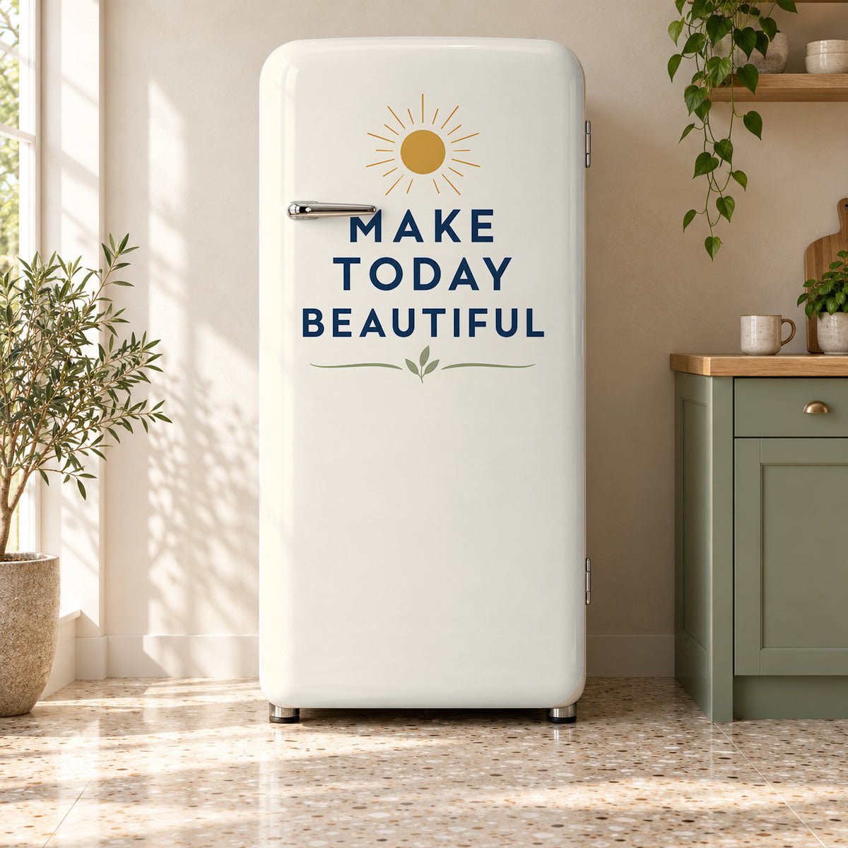 Make Today Beautiful fridge wrap on a retro refrigerator