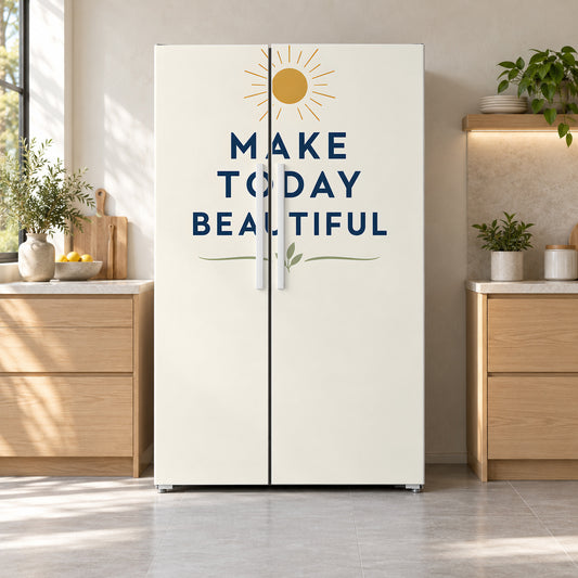 Make Today Beautiful fridge wrap on a side-by-side refrigerator